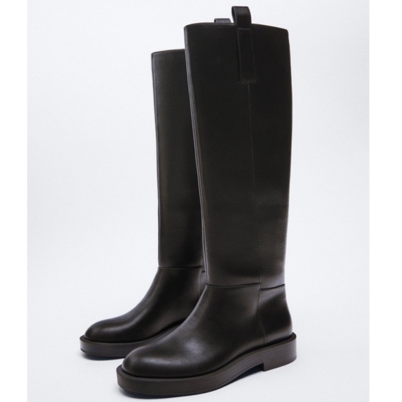 Zara Leather Riding Pull-on Boots Black Size US 6 - Picture 1 of 4